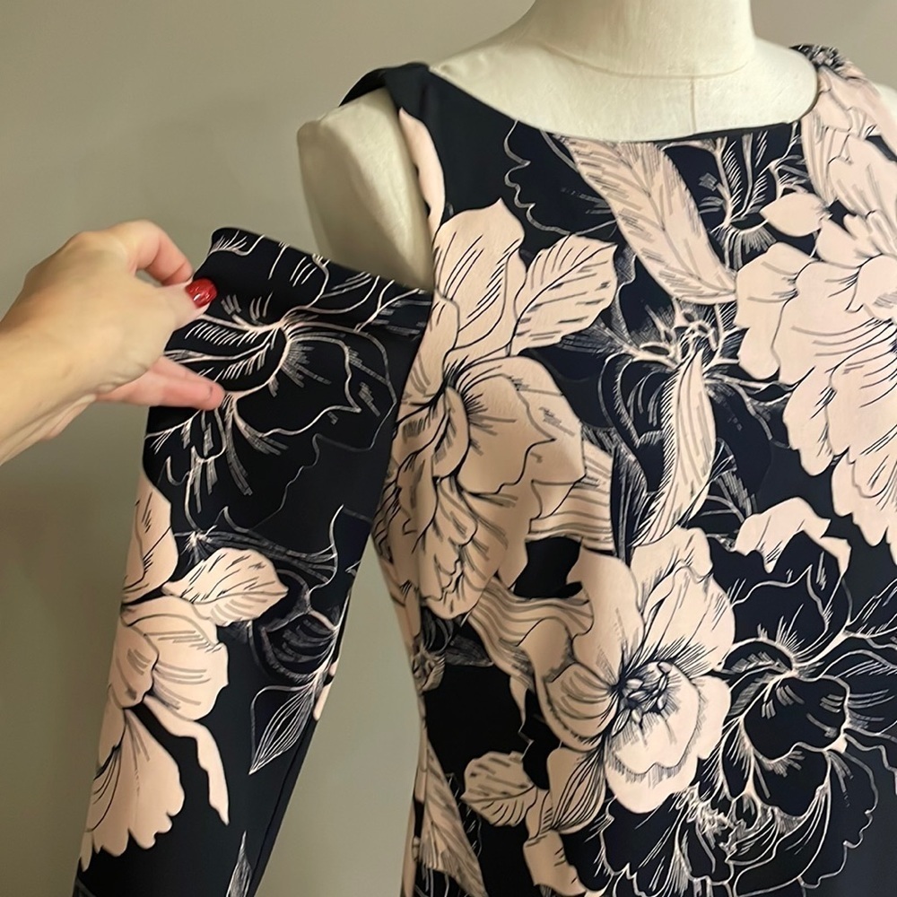 Eliza J floral pink navy dress. 3/4 sleeve / cold shoulder sheath size 12